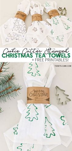 christmas tea towels with the words free printables on them and some pine cones