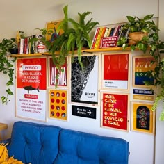 a blue couch sitting in front of a wall filled with posters and plants on it