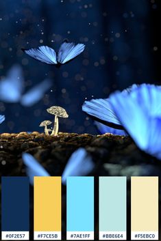 blue and yellow color palettes with butterflies flying over them in the dark night sky