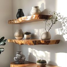 three wooden shelves with vases and plants on them