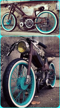 two pictures of an old motorcycle with blue rims