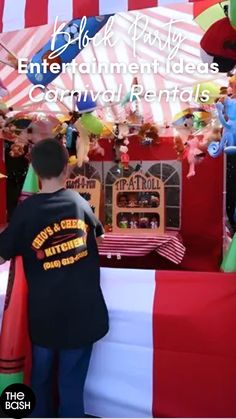 a man standing in front of a carnival tent with the words black party entertainment ideas carnival rentals