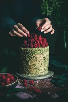 two hands reaching for raspberries on top of a cake with sprinkles