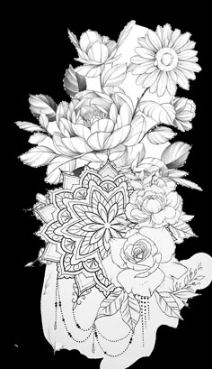 a black and white drawing of flowers in a vase