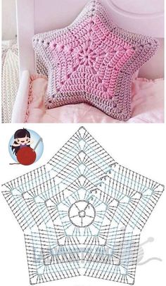 the crocheted pillow is next to an image of a bed with pink sheets and pillows