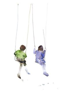 two people on swings in the snow with one holding onto another person's back