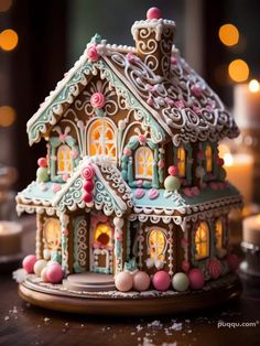 a close up of a gingerbread house on a table with candles in the background