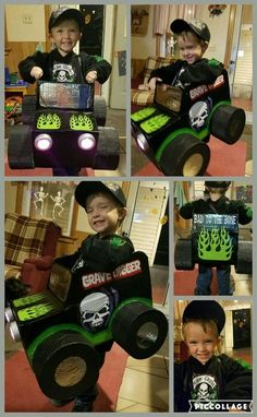 a collage of photos shows a young boy in his homemade monster truck costume