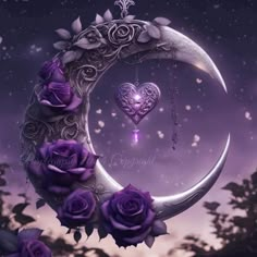 a crescent with roses and a heart hanging from it's side in front of a night sky