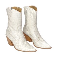 Inspired by the Wild West, these cowgirl boots will make you want to “giddy up” all around town. Off-white, they can be worn with casual or dressy outfits. Wear them in the summer with a mini dress or in the fall with leather pants for a night of line dancing. Made of quality, embossed leather, they are stylish fashion boots. Their small heel will give you a little added height while still providing some ankle support and loads of comfort. Small HeelBlock heelsMade of Leather Off-White White Boots For Western-themed Fall Events, White Boots For Ranch In Fall, White Snip Toe Mid-calf Boots For Rodeo, White Western Style Mid-calf Boots For Western-themed Events, Western White Boots With Stacked Heel, White Mid-calf Boots For Ranch In Fall, White Snip Toe Mid-calf Boots For Western-themed Events, White Boots For Western-themed Events, White Round Toe Heeled Boots For Western Events