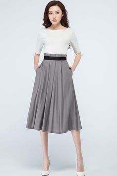 Linen maxi Skirt, Classic pleated Skirt with Side Pockets – XiaoLizi Linen Maxi Skirt, Blue Pleated Skirt, Skirt Linen, Skirt A Line, Tailored Clothes, Grey Skirt, Midi Flare Skirt, Womens Skirts, Wool Clothing