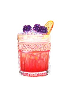 a watercolor drawing of a drink with grapes and oranges in it on a white background