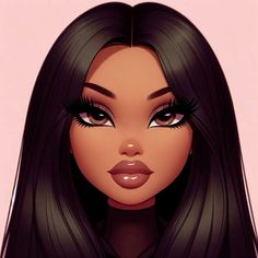 a cartoon girl with long black hair and big eyes, wearing pink lipstick on her lips