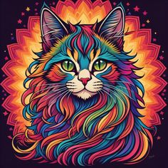 a colorful cat's face with stars in the background