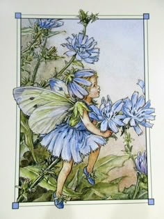 an illustration of a fairy holding flowers in her hand and the letter c on it