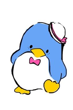 a drawing of a penguin with a hat on it's head and wearing a bow tie