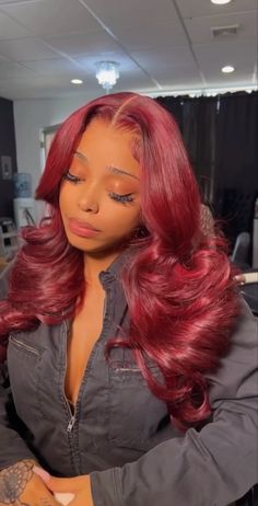 Burgundy Middle Part Wig With Curls, Red Closure Sew In, Red Closure Wig, Red Hair With Layers, Red Hair Black Women, Red Sew In, Baddie Essentials, 28 Birthday, Red Hair Makeup