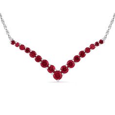 Treat the July-born birthday girl to a glamorous fashion necklace she'll adore. Fashioned in sleek 10K white gold, this intriguing design features an array of oval lab-created bright red rubies arranged in a chevron-shaped drop. This eye-catching look is buffed to a brilliant luster and suspends centered along an 18.0-inch rope chain that secures with a spring-ring clasp. Gold Key Necklace, Ruby Jewelry Necklaces, Key Charm Necklace, Dainty Gold Jewelry, Chevron Necklace, Gold Necklace Simple, Gold Chevron, Peoples Jewellers, Diamond Solitaire Necklace