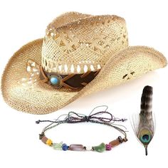 PRICES MAY VARY. Material:Made from 100% straw, our cowboy hat is not only comfortable and environmentally friendly, but it also retains its perfect shape. DESIGN: Our women's and men's straw cowboy hats have moldable brims and beautifully patterned and trimmed bands, and each hat comes with two different style bands and a faux feather, allowing you to show off your unique style for everyday wear or as a fashionable clothing accessory. Size:With a 4 inch deep crown and 3.5 inch wide shapeable br Straw Cowboy Hats, Straw Cowboy Hat, Hat Fits, Cowgirl Hat, Cowgirl Hats, Cowboy Hat, Sun Hat, Sun Hats, Costume Accessories