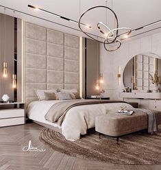 a bedroom with a large bed, mirror and lights on the wall above it's headboard