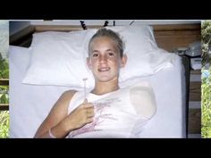 a woman laying in bed with a cast on her arm next to an image of a person holding a thermometer