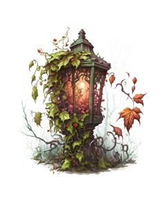 an artistic painting of a lamp post with ivy growing on it's sides and leaves around it