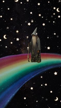 a wizard standing on top of a rainbow in the sky