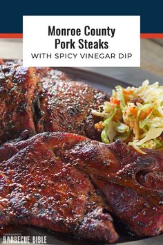 grilled pork steaks with spicy vinegar dip and coleslaw slaw on a plate