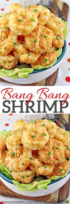 two plates filled with fried food and the words bang bang shrimp on top of them