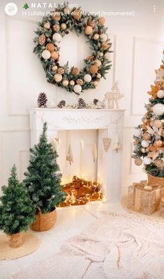 two christmas trees in front of a fireplace