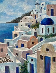 an oil painting of white buildings and blue domes by the ocean with a mountain in the background