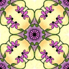 an abstract flower design with purple flowers and green leaves in the center on a yellow background