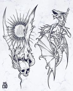 two drawings of dragon heads, one with a skull and the other with a sun