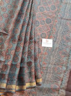 Grey colour Kota silk with ajrakh block prints all over and small zari border, ajrakh printed blouse Kota Sarees, Grey Colour, Business Account, Printed Blouse, Gray Color