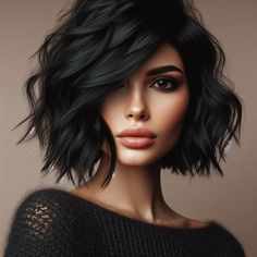 Dark Black Hair Medium Length, Medium Black Hair With Bangs, Bubble Bob Haircut 2024, Short Bob Dark Hair, Wavy Bob With Fringe, Bob Cut For Chubby Face, Jet Black Short Hair, Parisian Bob, Curled Bob Hairstyle