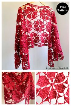 the crocheted shawl is made with red yarn and has an openwork pattern