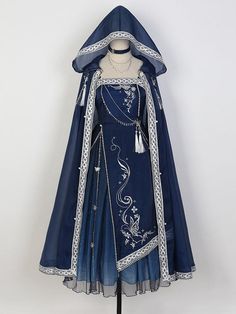 Dark Blue Embroidery Detail Chain Design Dress + Cloak Set Cape Set, Dress Cape, Mode Tips, Chique Outfits, Fantasy Dresses, Fantasy Gowns, Fairytale Dress, Fringe Dress, Fantasy Dress