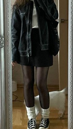 Leather Jacket Black Skirt Outfit, Black Skirt Black Jacket Outfit, Thrifted Leather Jacket Outfit, Denim Jacket Outfit Ideas Women, Black Leather Jacket With Skirt, Leather Jacket With A Dress, Mini Skirt Jacket Outfit, Black Corset Outfit Concert, Winter Black Leather Jacket Outfit