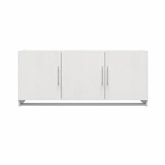 a white cabinet with three doors and two drawers on one side, against a white background