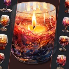 a candle is in a glass with many glasses around it