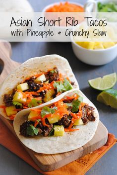 Asian Short Rib Tacos with Pineapple and Crunchy Slaw - a tasty meal where your slow cooker does all the work! Asian Short Ribs, Slow Cooker Asian, Homemade Dinner, Short Ribs, Wrap Recipes, Asian Cooking, Crock Pot Cooking, Beef Dishes, Cooker Recipes