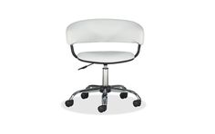 an office chair with wheels and white upholstered fabric on the back, viewed from the front