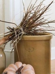 two pumpkins sitting on the floor next to a potted plant with twigs sticking out of it