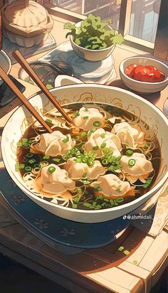 a bowl of food with chopsticks in it sitting on a table next to bowls of vegetables