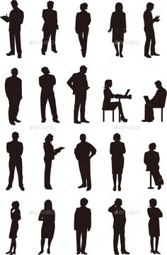 silhouettes of people standing and sitting in different positions, all with their hands on their hips