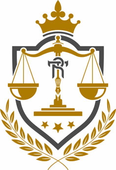 an image of the scales of justice in front of a shield with laurels and stars