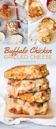 buffalo chicken grilled cheese is stacked on top of each other and ready to be eaten