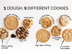 an image of different cookies on a white background with words describing the dough, 9 different cookies