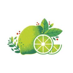 limes with leaves and berries around them, on a white background for the logo