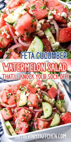 watermelon salad with onions, cucumber and feta cheese